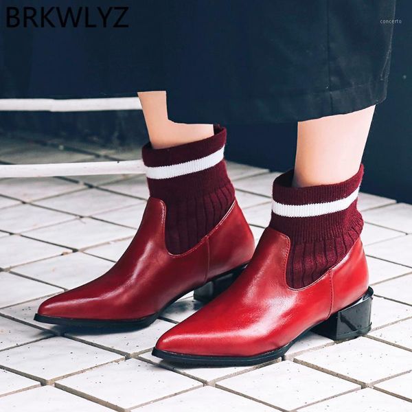 

women's boots pointed toe short tube square high-heeled shoes socks boots short tube thick with elastic plus size 431, Black