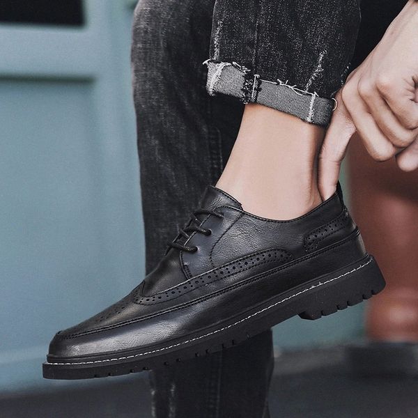 

classic men casual shoes outdoor fashion sneakers leather soft rubber men flats brogue shoes lace up black mens shoes footwear 5 #dz1y