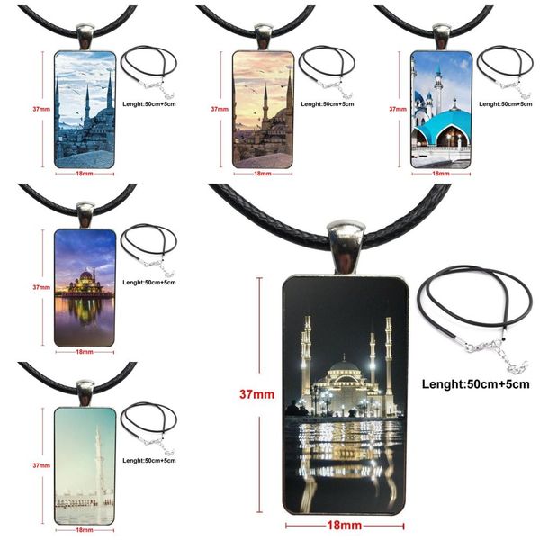

design fashion vintage glass women rectangle necklace pendants for women handmade girls landscape muslim mosque building, Silver