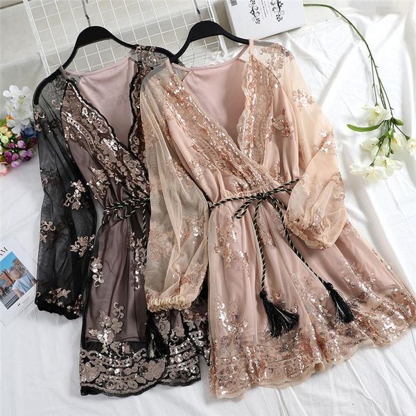 

spring tie bow v-neck sequined playsuits women bodycon floral embroidery jumpsuits female long sleeve mesh rompers bodysuit 12751, Black;white