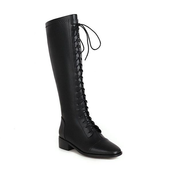 

2021 new knee high women boots round toe lace up zipper long boots pu leather square high heel women shoes big size 34-43, Black