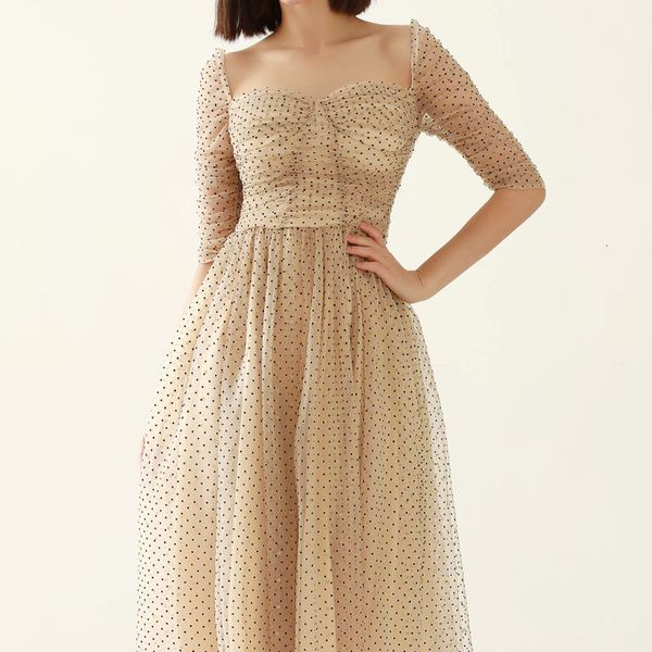 

2021 summer new tube style polka dot sleeves fine tulle temperament dress of medium length women's clothes wuz9, Black;gray