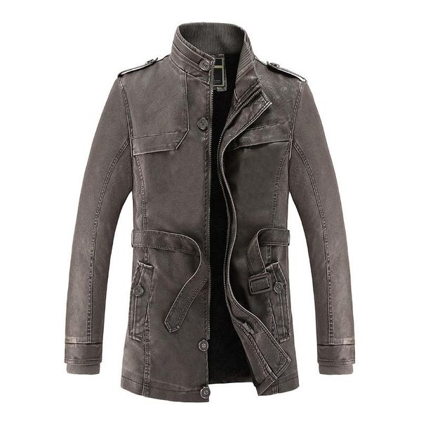 

stand collar winter leather jacket, Black
