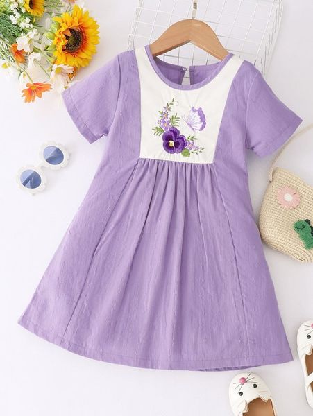 

toddler girls contrast panel floral embroidery dress she, Red;yellow