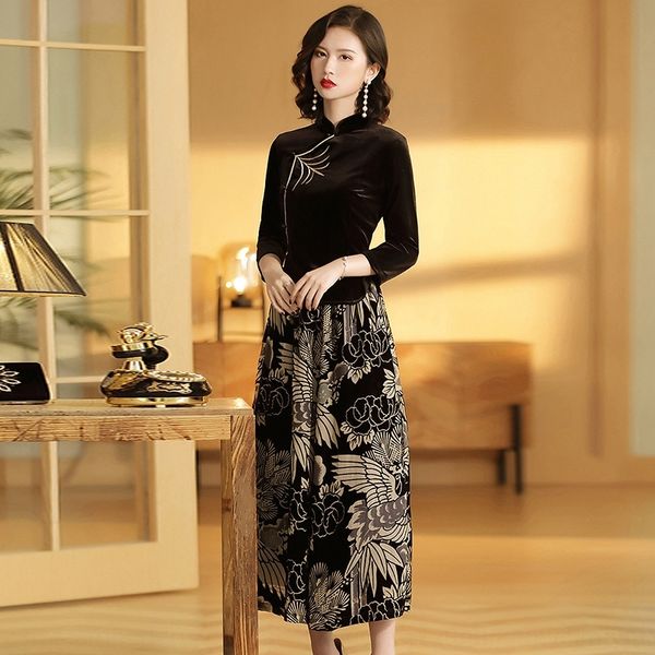 

zurcm 7 3-рукав стоять top wide вышитые воротник династии тан печатных брюки широкую ногу pantstop тонкая нога pantswomen брюки весна костюм, Black;gray