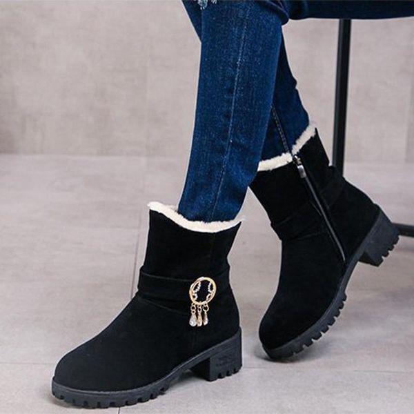 

ankle boots women flock non slip platform ladies metal decoration zipper woman warm plush boot female outdoor snow boots 2020, Black
