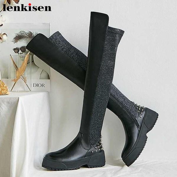 

lenkisen thick bottom patchwork cow leather rivets boots round toe high heels winter zip warm women fashion thigh high boots l03, Black