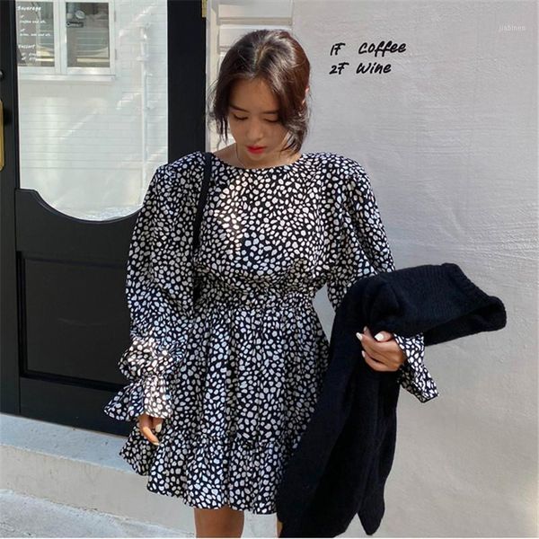 

casual dress for women korean vintage leopard patchwork ruffles long-sleeved mini dresses female autumn fashion new 20201, Black;gray