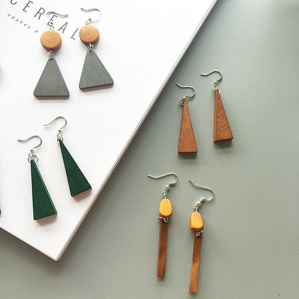 

extremely simple and retro original wood - colored geometry star - wood earrings with a long earring earring, Golden;silver