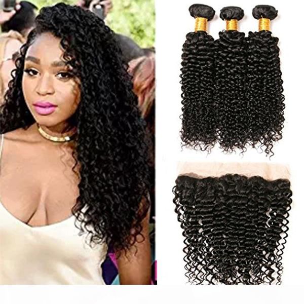

brazilian virgin human hair cambodian mongolian kinky curly hair weaves with frontal 13x4 ear to ear lace frontal closure 3pcs lot, Black;brown