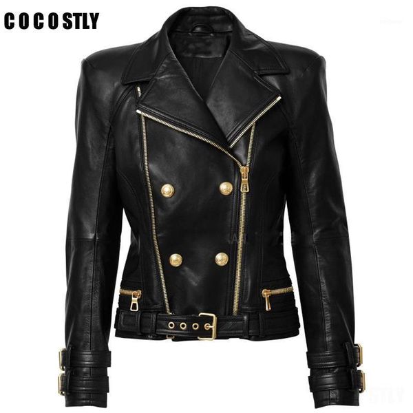 

2020 new leather jacket women's coat double breasted lion buttons faux leather jacket motorcycle biker veste femme1, Black