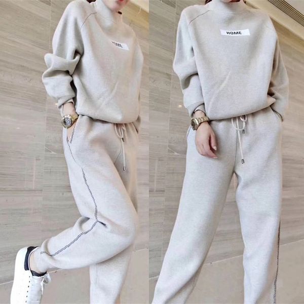 

autumn winter woolen and cashmere knitted warm suit o collar sweater + harem pants loose style two-piece set women knit y200110, White