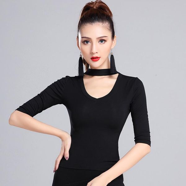 

stage wear 2021 latin dance for women/black shirt modal clothes salsa standard ballroom costume bl1711, Black;red