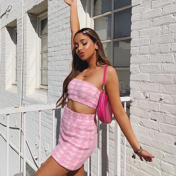 

osllenlla pink plaid two piece skirts set women strapless tube and skirts matching set ladies 2 pcs dress summer 2020, Gray