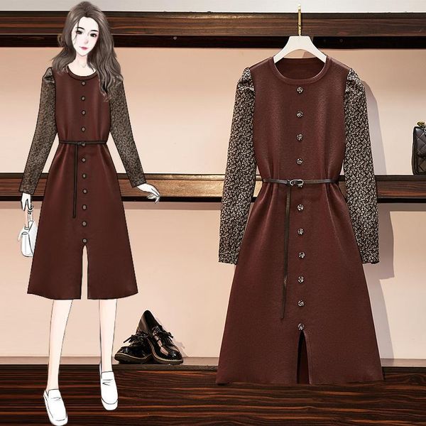 

casual dresses coigarsam 4xl plus size patchwork women dress full sleeve knitting floral print brown black 6839, Black;gray