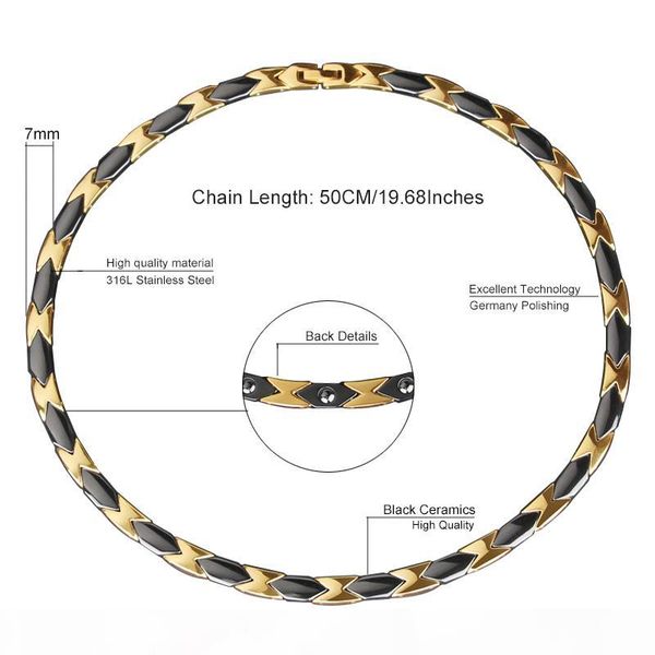 

черный золотой цвет женщины мужчины здоровье магнитное ожерелье панк керамика из нержавеющей стали энергетика магниты германиевые ожерелье ю, Silver