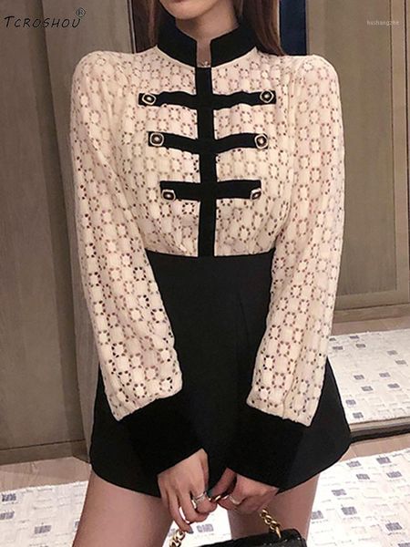 

contrasting color stand-up collar double-breasted hollow hedging shirt ladies autumn new personality all-match, White