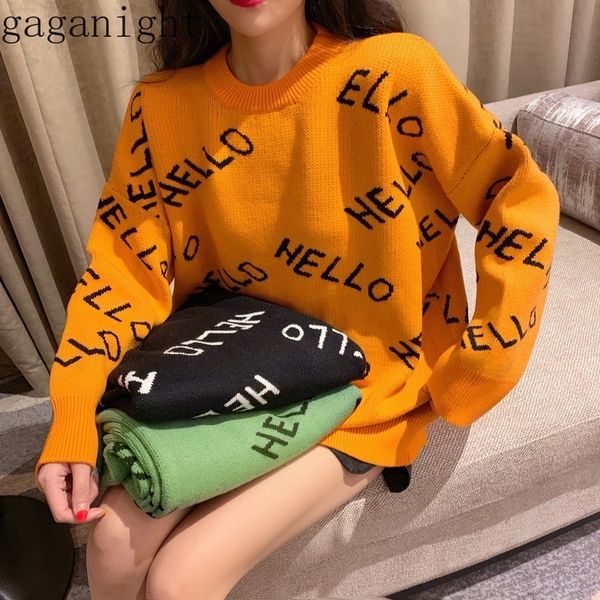 Gaganight olá solto casual mulheres camisola manga longa o pescoço coreano 2019 nova moda outono inverno meninas letra pullover fêmea y200722