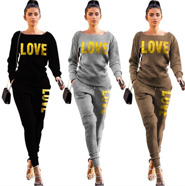 

женщины cousssuit дизайнер вязаный пуловер свитер брюки наряд двух частей одежда набор свитер леггинсы брюки костюм s-2xl бутик e122106, Gray