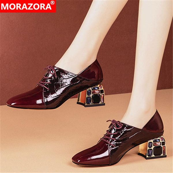 

morazora 2020 new arrival fashion lace up women pumps genuine leather solid color dress shoes spring autumn shoes woman, Black