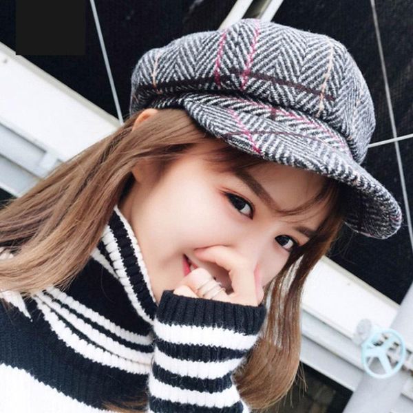

women vintage plaid berets fashion artist painter octagonal warm beret cap, Blue;gray