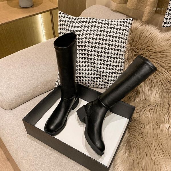 

but thigh-high boots women chunky elastic 2020 autumn winter korean version slimmer white knee-high middle heel boots1, Black