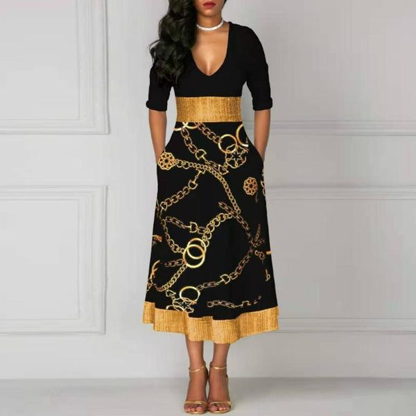 

casual dresses women vintage v neck full sleeve slim print dress retro party mid-calf, Black;gray