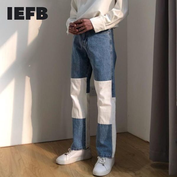 

iefb / autumn new white blue color block patchwork straight jeans trousers 2020 fashion streetwear loose hip hop denim pants