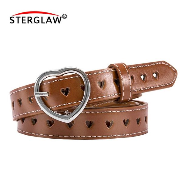 

105*2.8cm silver hollow heart buckle belts for women leisure jeans wild belt without pin female metal buckle leather belt j137, Black;brown
