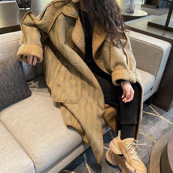 

silhouette autumn and winter tweed coat women's brown crinkle medium length, wear loose coat on both sides to show thin1, Black