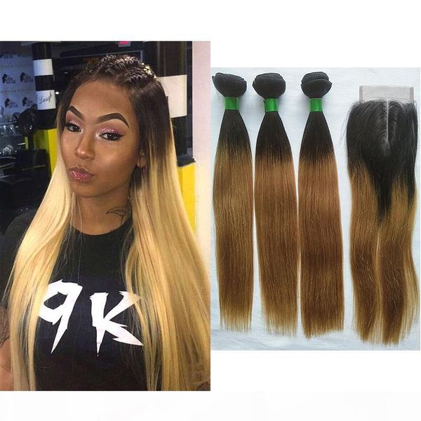 

#1b 27 ombre blonde straight bundles with closure brazilian peruvian malaysian human hair weave 3 bundles with 4x4 middle part lace closure, Black;brown