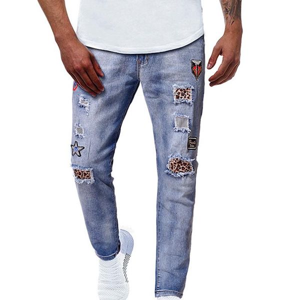 

2020 fashion ripped jeans men hole embroidery denim pants casual streetwear washed distressed jeans hombre hip hop denim trouser, Blue