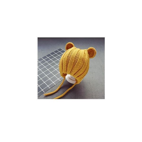 

knitted winter baby hat with ears cartoon lace-up children kids baby bear bonnet cap in qylnyh, Yellow