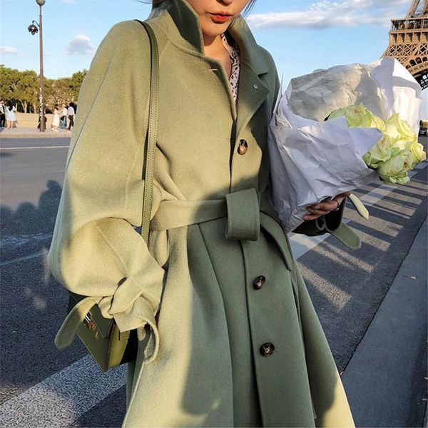 

winter thick female woolen coats turn-down collar single-breasted pocket belted women blend coats 2020 women long coat1, Black