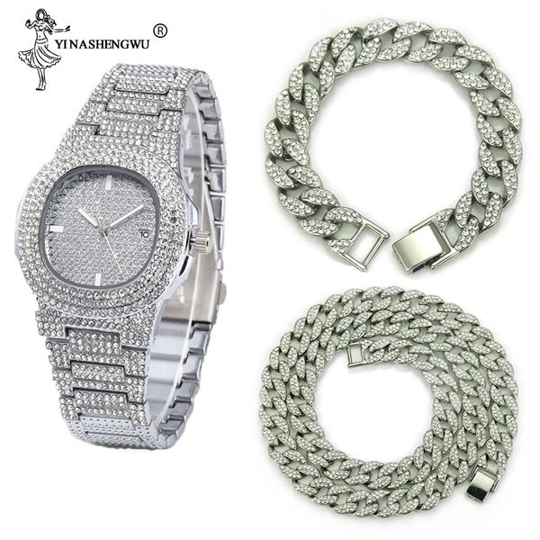 

necklace+watch+bracelet hip hop miami curb cuban chain gold color iced out paved rhinestones cz bling rapper jewelry for men, Silver
