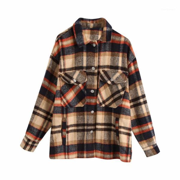 

zxqj vintage plaid women wool coats 2021 autumn fashion button- ladies shirts casual pockets female coat girls shirts1, White
