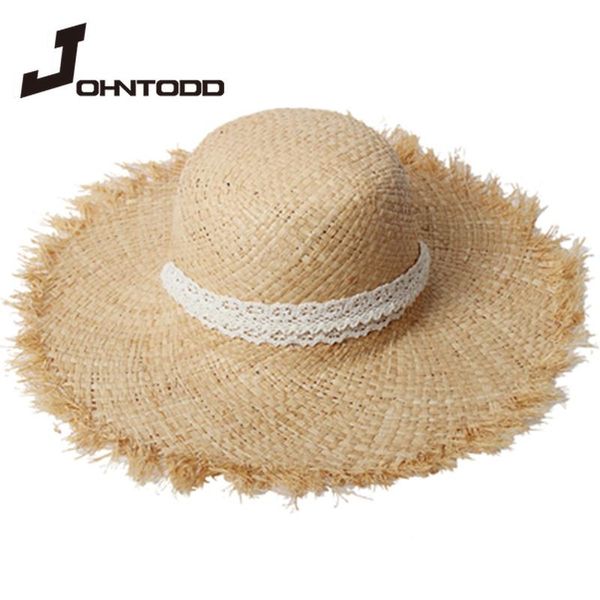 

wide brim hats brand women straw sun large gilrs white lace ribbon natural raffia panama beach caps for holiday, Blue;gray