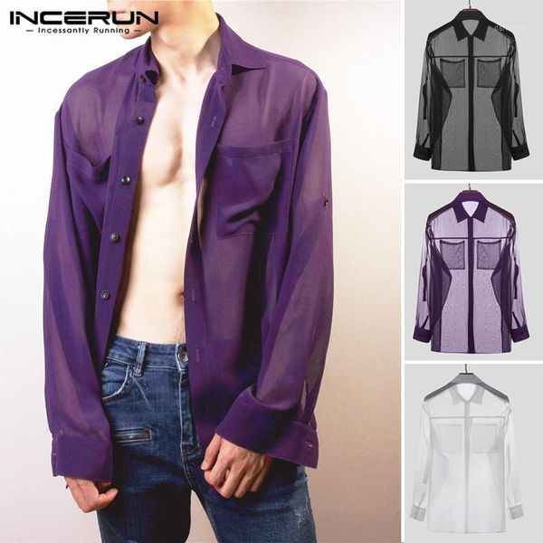 

incerun men mesh shirt fashion see through long sleeve pockets men lapel streetwear thin blouse nightclub party shirt1, White;black