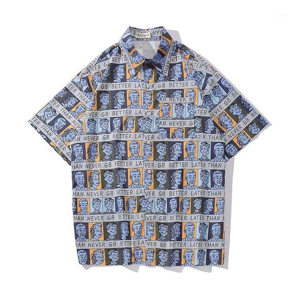 

2019 summer dropshipping man printed wild plaid shirt short sleeve men's casual oversized button t-shirt harajuku1, White;black