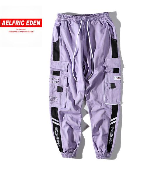 

men's pants aelfric hip hop cargo men streetwear casual elastic waist joggers trousers 2021 colorblock harajuku harem, Black
