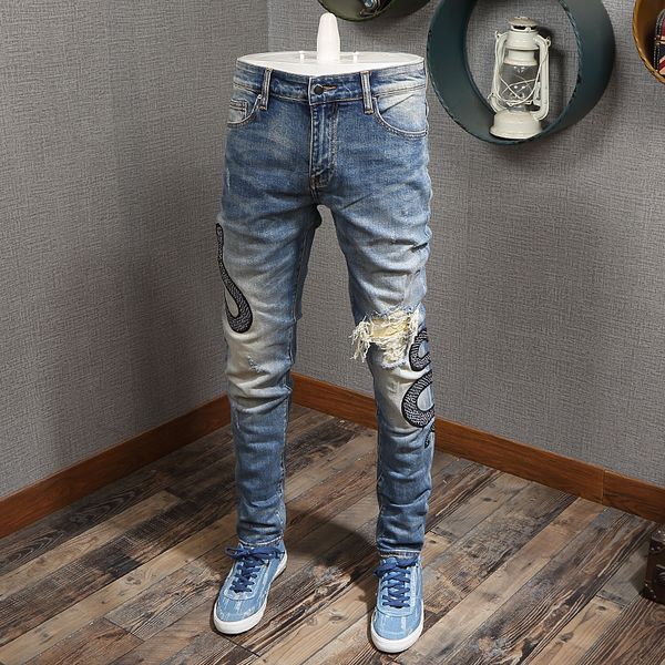 

2021 new fashion streetwear snake embroidery designer slim fit ripped men pencil pants hip hop jeans homme f09g, Blue