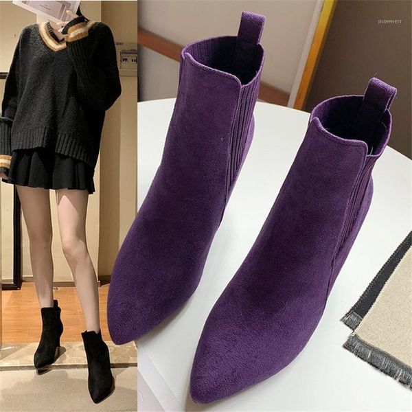 

2021 spring new stiletto thin high heels pointed toe suede ankle women boots feminina knitting wool boot woman1, Black