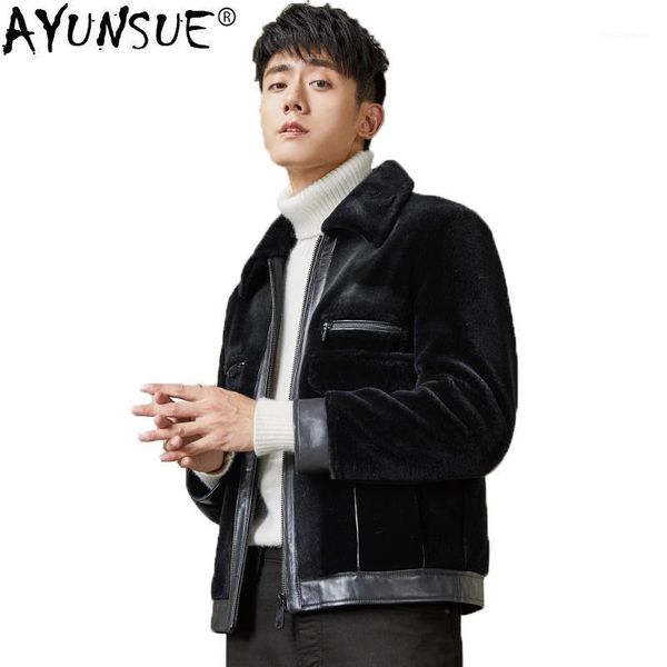 

ayunsue winter jacket men real fur coat sheep shearing men's leather jacket short overcoat coat men jackets kj13221, Black