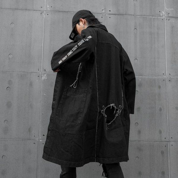 

autumn winter men ripped hole hip hop punk long denim jacket with chain pin man vintage retro jeans jacket coats1, Black;brown