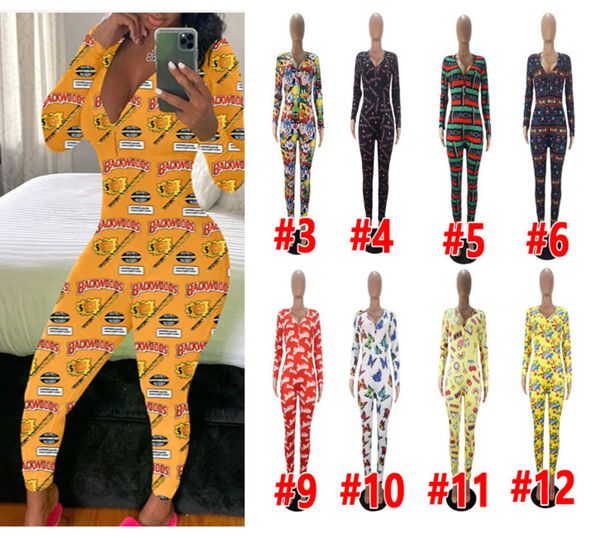 

women jumpsuit slim pajamas casual letters cartoons printed onesies v-neck long sleeve trousers ladies home rompers, Gray