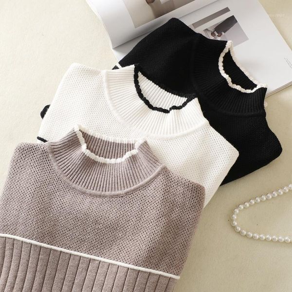 

bygouby striped women sweater color block women turtleneck sweater atumn winter thick warm pullovers soft cotton ribbed knitwear1, White;black