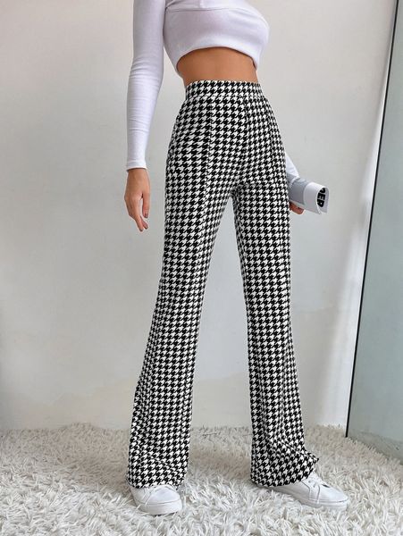 

high waist houndstooth flare leg pants n1q7#, Black;white