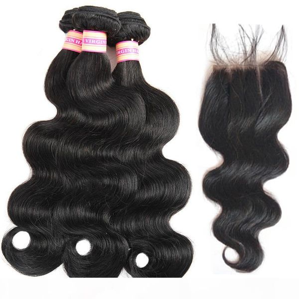 

malaysian virgin human hair weave 3 4 bundles with closure malaysian body wave hair weaves human hair lace closure, Black