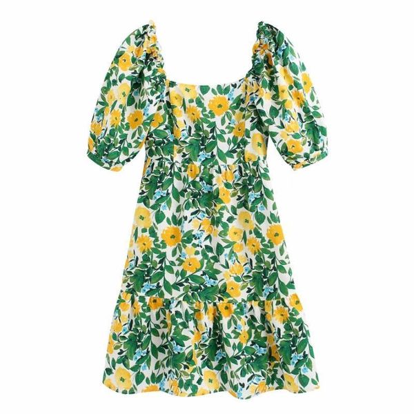 

2020 new women puff sleeve green leaves yellow floral print hem ruffles dress ladies back zipper chic linen dresses ds3534, Black;gray