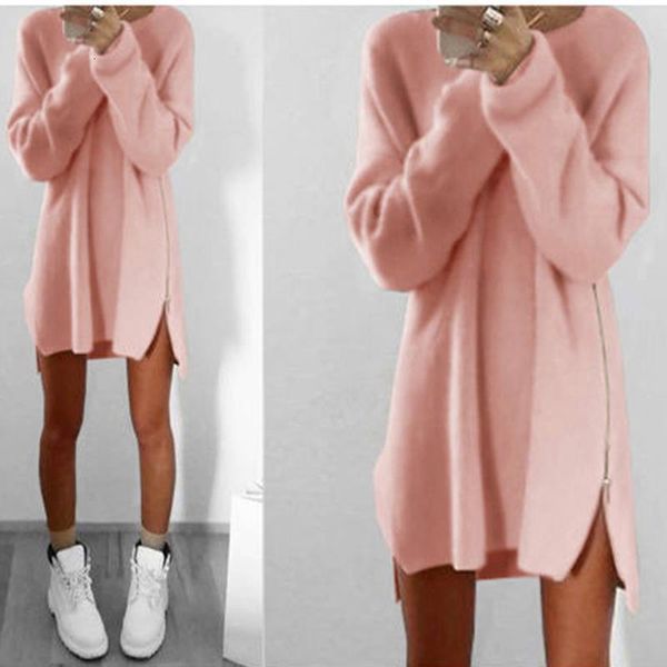

women long sleeve autumn winter knitted zippers side jumper sweater dress loose tunic baggy dresses kh931626, Black;gray